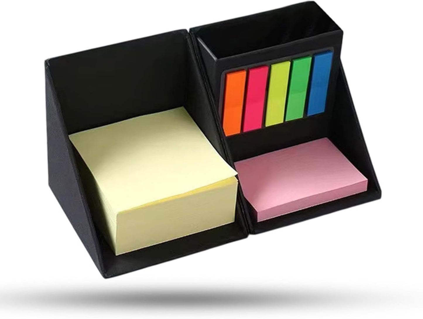 Sticky Notes Organizer Cube with Pen Holder, 3-in-1 Cardboard Memo Pad Set with 300 Yellow Notes, 50 Pink Pads & 125 Translucent Tabs, Portable Desk Organizer for Home, School, and Office Desk (Black)