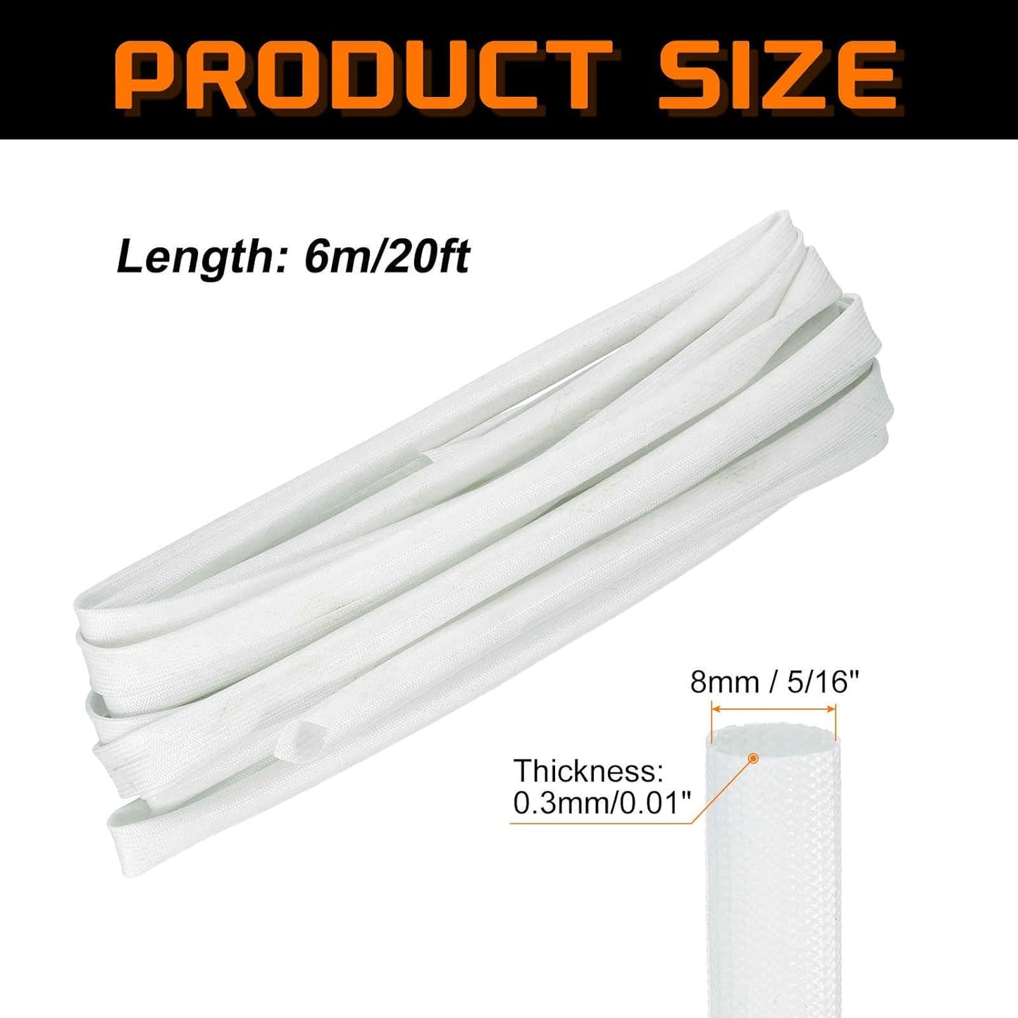 MECCANIXITY 20ft Braided Cable Sleeve, 5/16" ID 200C High Temperature 1500V Fiberglass Wire Insulation Cord Protector Organizer Wires Management for Motor Engine Fuel Line, White