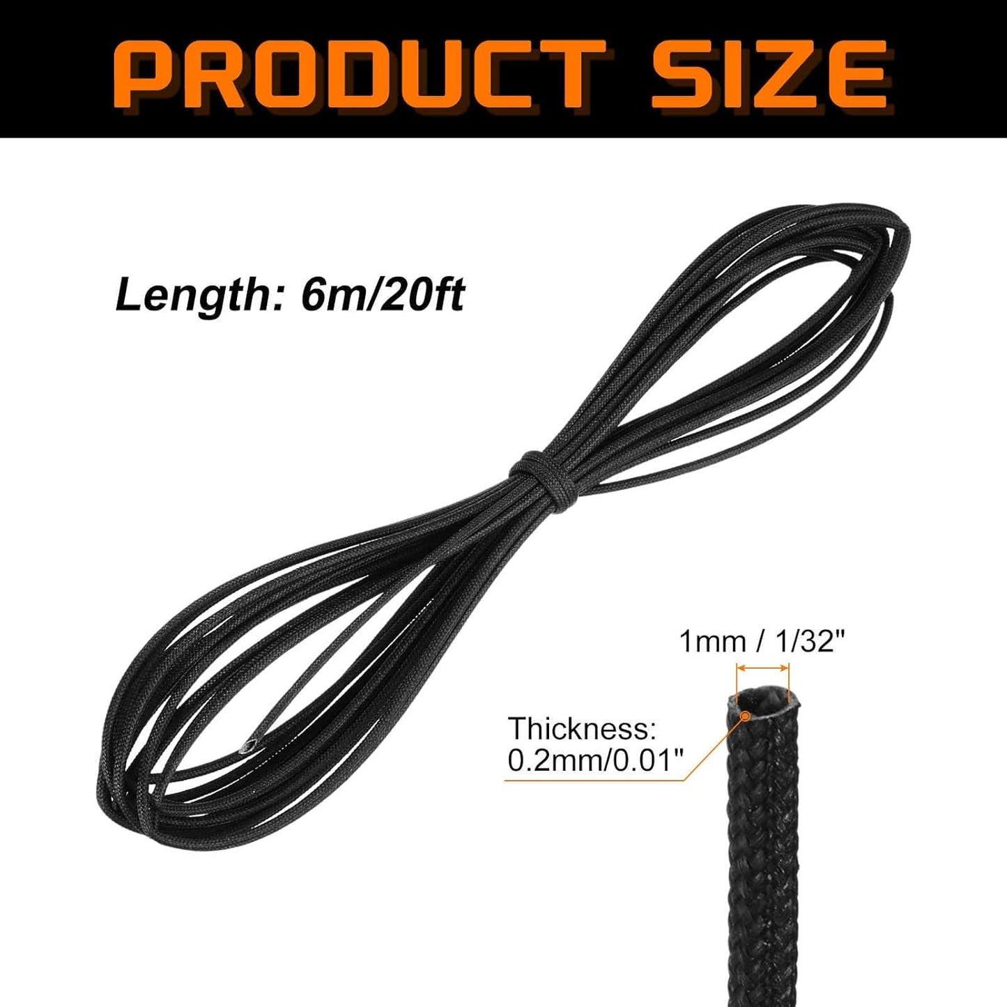 MECCANIXITY 20ft Braided Cable Sleeve, 1/32" ID 200C High Temperature 1500V Fiberglass Wire Insulation Cord Protector Organizer Wires Management for Motor Engine Fuel Line, Black