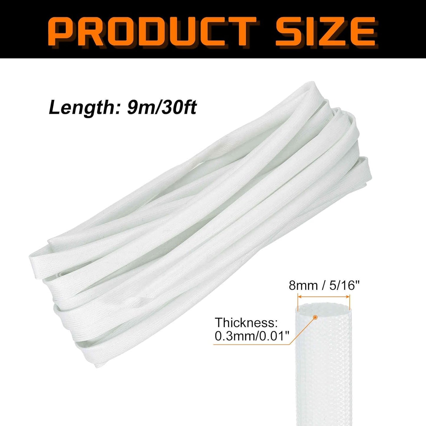 MECCANIXITY 30ft Braided Cable Sleeve, 5/16" ID 200C High Temperature 1500V Fiberglass Wire Insulation Cord Protector Organizer Wires Management for Motor Engine Fuel Line, White