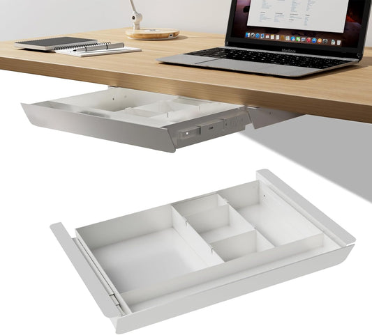 White Under Desk Sliding Pull-out Drawer with Pencil Tray and Slide Storage Tray, 17'' long & 13.5'' deep Large Organizer for Sit Stand Workstation…