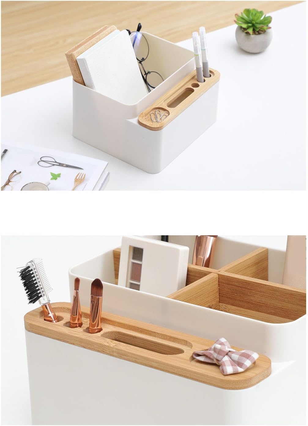 Eujgoov Multi Compartment Desk Organizer Bamboo and PS Storage Caddy for Pens and Electronics for Home Office and Classroom