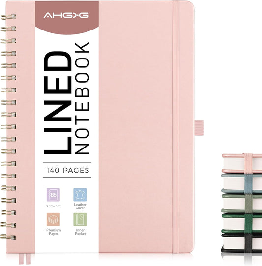 AHGXG Lined Spiral Journal Notebook, B5 Large Notebooks for Women Men, 140 Pages Hardcover Leather Notebook College Ruled, 100 GSM Paper, Notebooks for Work School Note Taking, 7.6" x 10", Rose Gold
