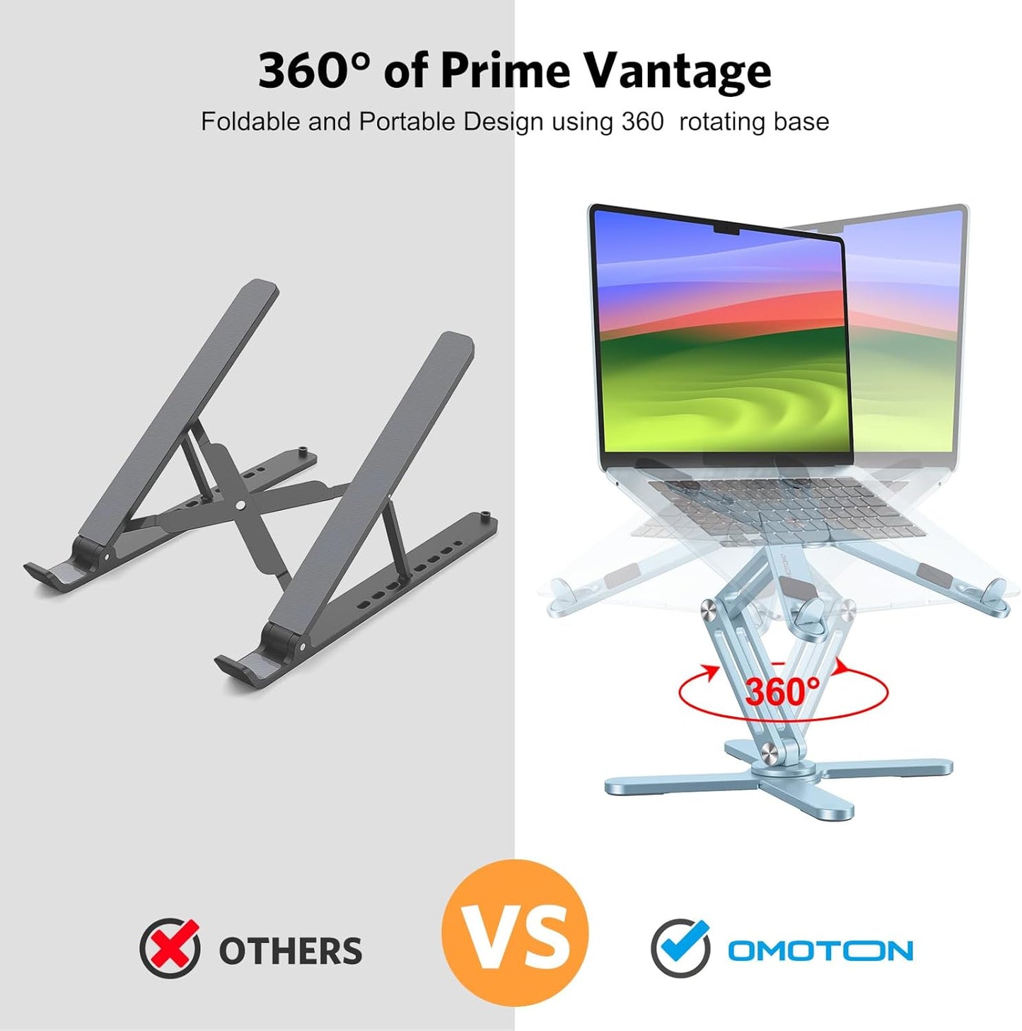 OMOTON 360 Rotating Laptop Stand Riser for Desk, Ergonomic Foldable Computer Stand Adjustable Height Angles for Collaborative Work, Easy Storage Fit Macbooks,All Laptops up to 16 inches,Sky Blue