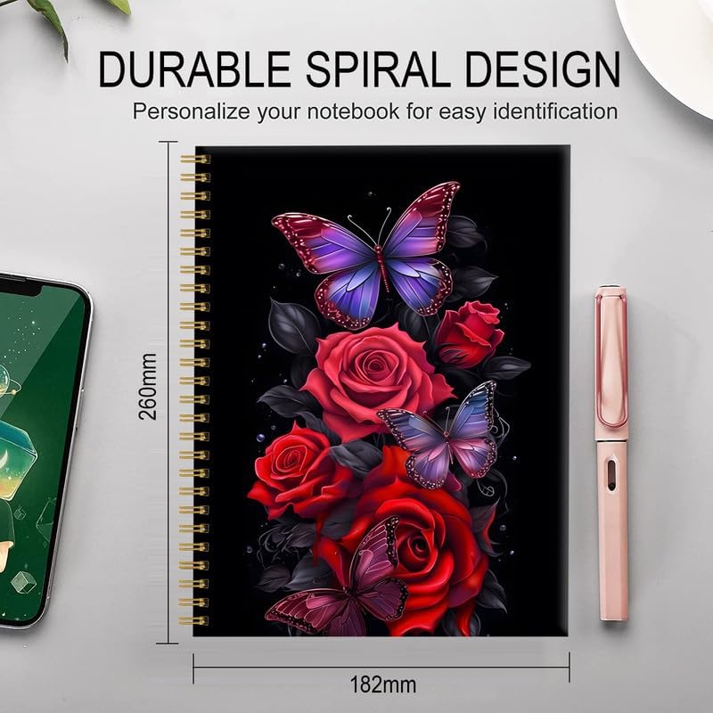 Spiral Journal Notebook for Women,A5 College Ruled Notebooks 6"x 8.4", 120 Pages (60 Sheets) Lined Journal with Premium Thick Paper,Perfect for School Office Home(Red Butterfly Rose Floral)