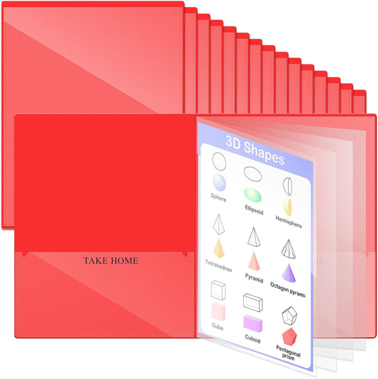 Henoyso 24 Pcs School and Home 2 Pocket Folders with 4 Clear Inner Pockets Plastic Heavy Duty Homework Folders Parent Teacher Communication for Student Home Office Classroom,11 x 9 Inch (Red)