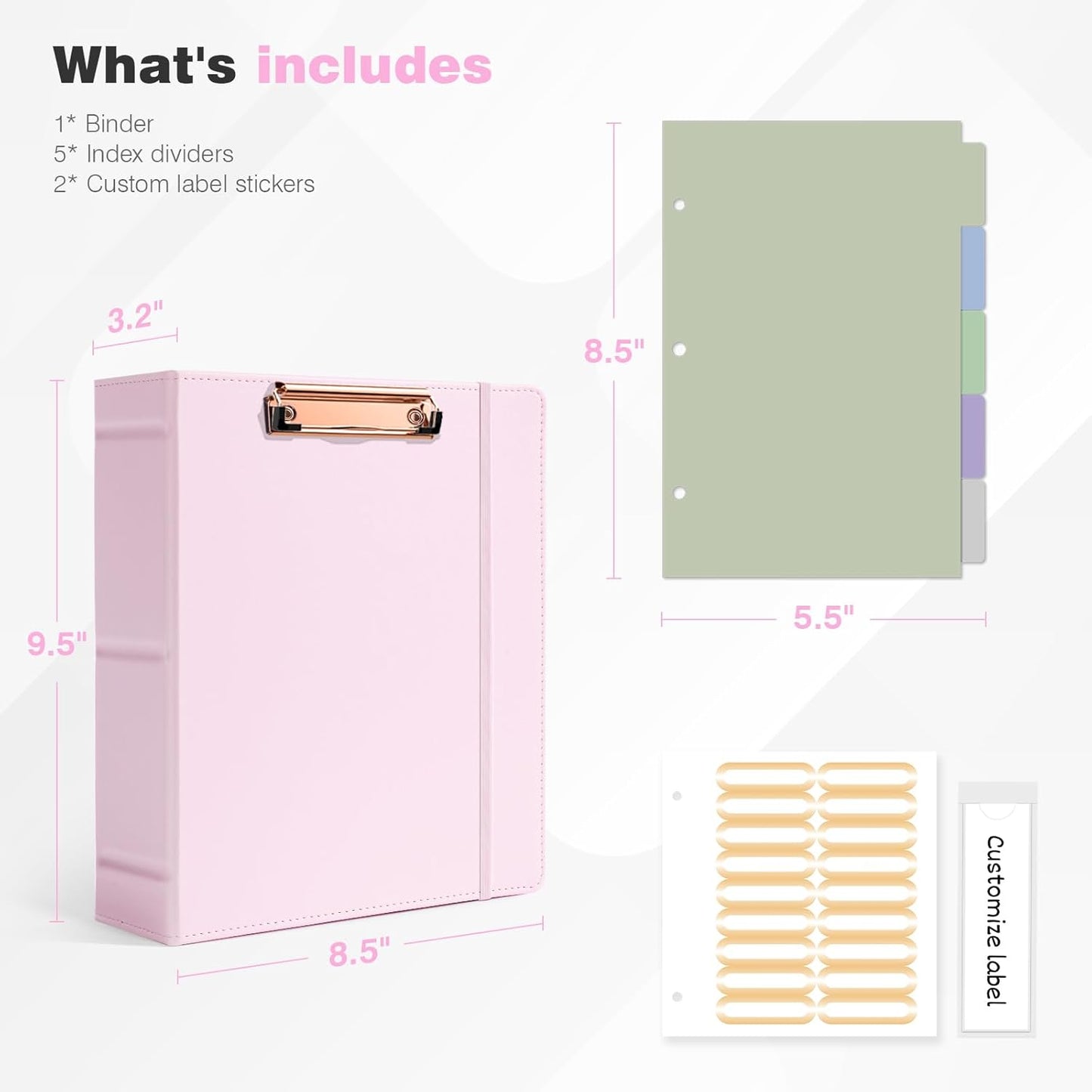 Ospelelf Mini 3 Ring Binder 5.5" x 8.5", 2 Inch Clipboard Binder with Dividers, Professional Leather Binders Organizer for Office, School, Pink