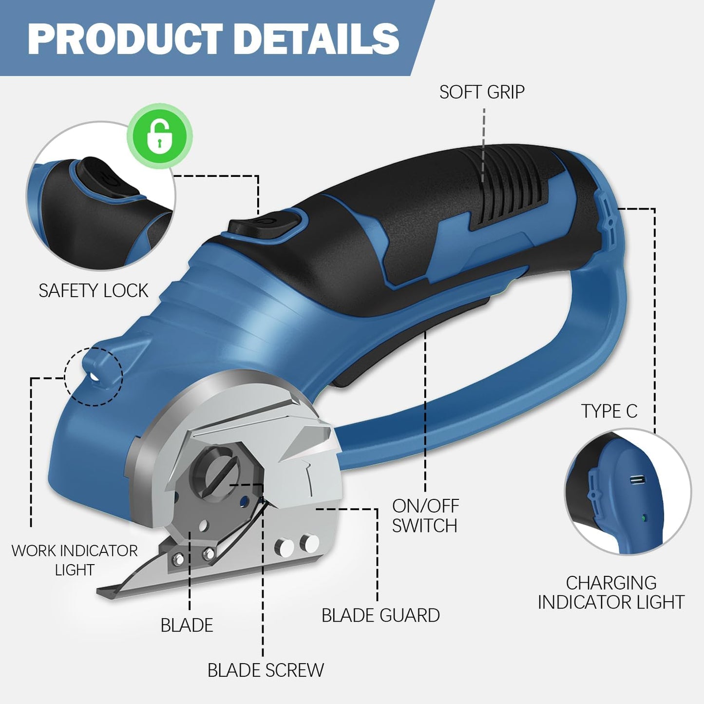 Cordless Electric Scissors, 4V Box Cutter & Cardboard Cutter with 2 Titanium Blades - Rotary Cutter with LED Light for Fabric, Leather, Carpet, Plastic, Crafting + Storage Case (Steel Blue)