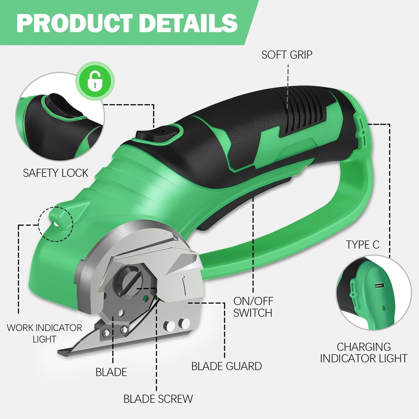 Cordless Electric Scissors, 4V Box Cutter & Cardboard Cutter with Upgrade Blade, LED Light, Safety Lock - Rechargeable Rotary Cutter for Fabric, Leather, Plastic, Sewing, Industrial (Lime Green)