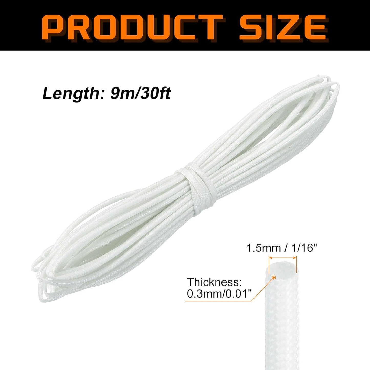 MECCANIXITY 30ft Braided Cable Sleeve, 1/16" ID 200C High Temperature 1500V Fiberglass Wire Insulation Cord Protector Organizer Wires Management for Motor Engine Fuel Line, White