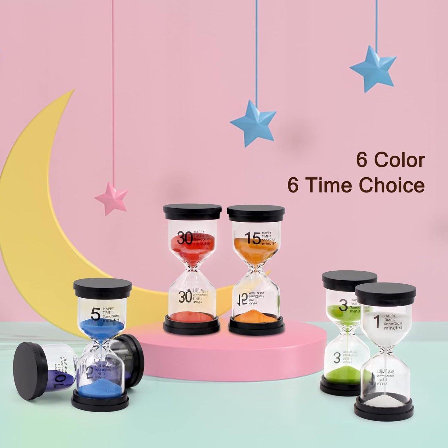 Sand Timer, Hourglass Sand Timers Colorful 1/3/5/10/15/30 Minutes Sandglass Timer with Protective Cover for Classroom Home Office Cooking (Pack of 6) Multicolor
