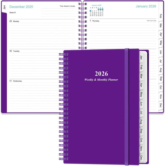 2026 Planner - Planner 2026 from January 2026 - December 2026, Weekly & Monthly Planners Spiral Bound with 12 Monthly Tabs, Inner Pocket, 6.4" x 8.5", Purple