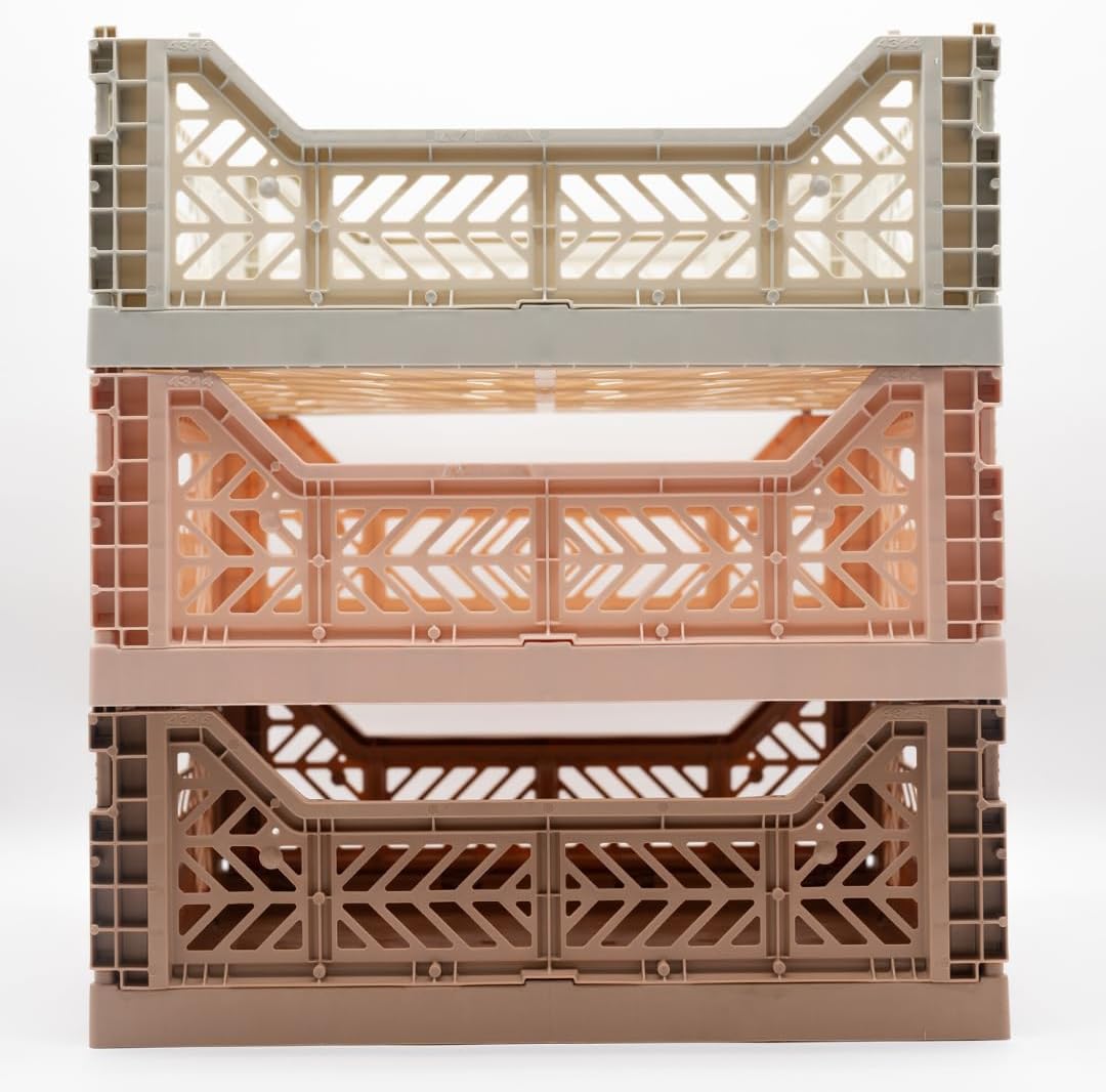 Collapsible Storage Box, Foldable Crate Organizer Bin with Handle, Stackable Crates for Home Organization (Peach-Brown-LightGray, 14L - 3 Pack)