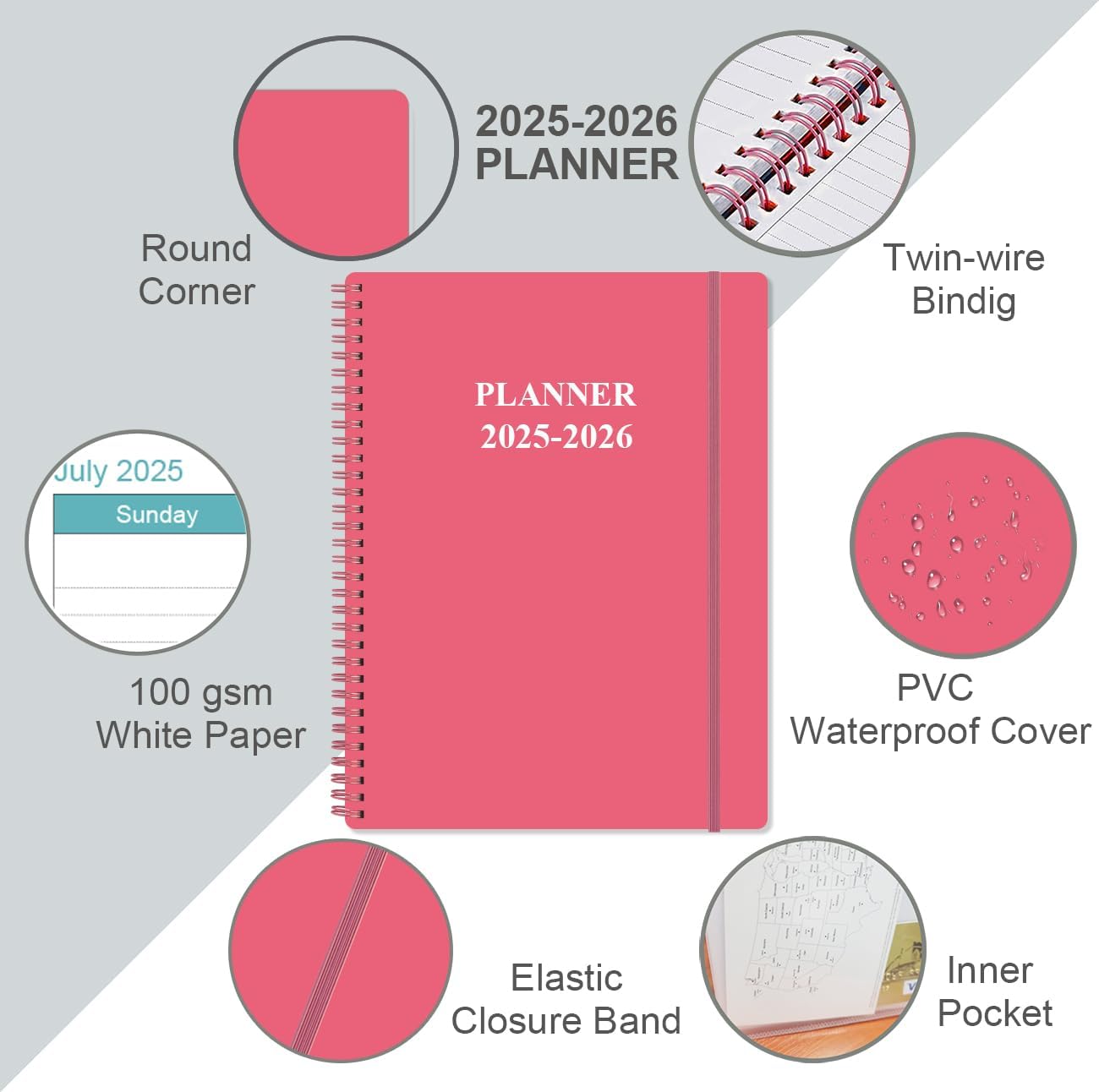 2025-2026 Planner - 8.5" x 11" Weekly Monthly Planner from July 2025 to June 2026, 2025 2026 Planners with 12 Monthly Tabs, Inner Pocket, Elastic Closure, Pink