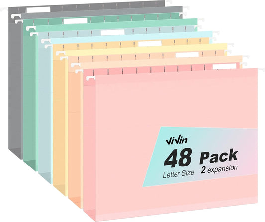 ViVin Hanging File Folders, 1/5-Cut Adjustable Tabs with 48 Per Box, 2 Inch Expansion, 48 Pack Letter Size Hanging File Folders, Designed for Office Home School Filing Cabinet(Assorted)