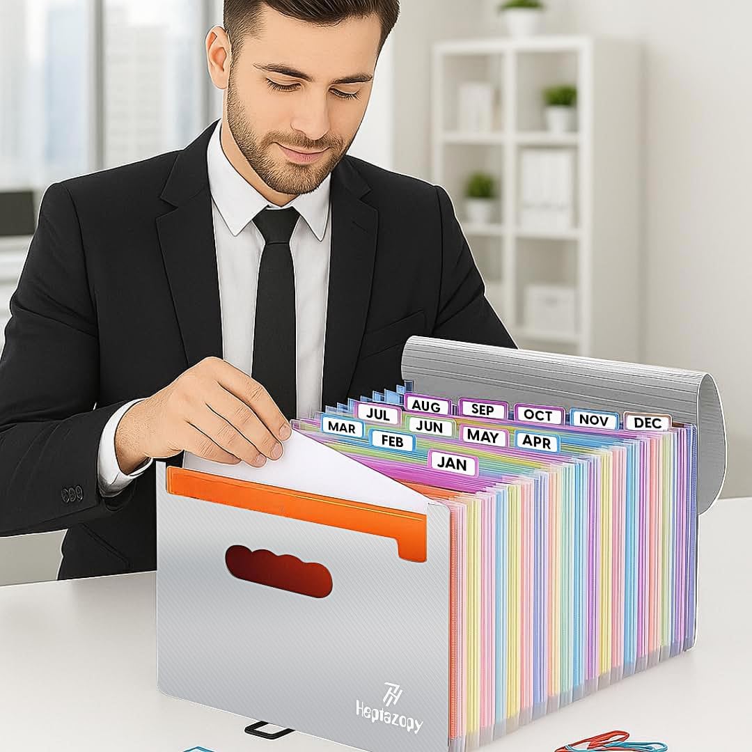 Plastic Accordion File Organizer, 26 Pockets Expandable File Folder Organizer, A4 Letter Size Filing Organizer with Colorful Tabs, Elastic Cord, 60 Paper Clip, Label & Stickers for Office School Home