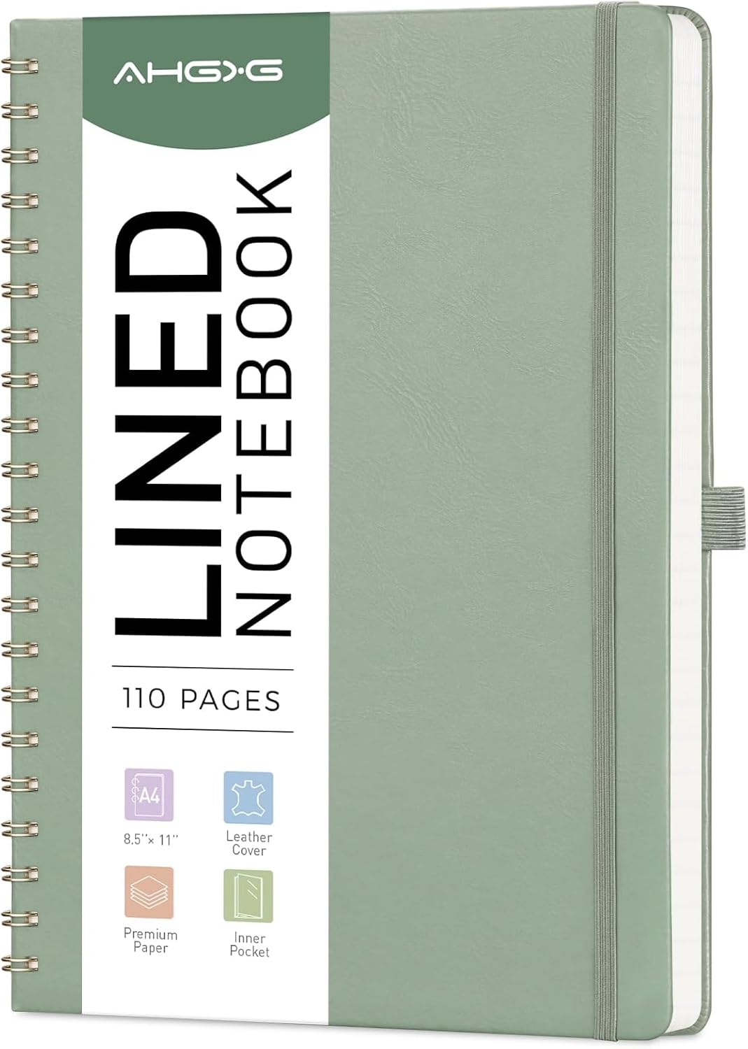 AHGXG Lined Spiral Journal Notebook for Women Men, 8.5" x 11", A4 Large, College Ruled, Hardcover Leather, 100 GSM Paper, Notebooks for Work School Note Taking Writing, Sage Green