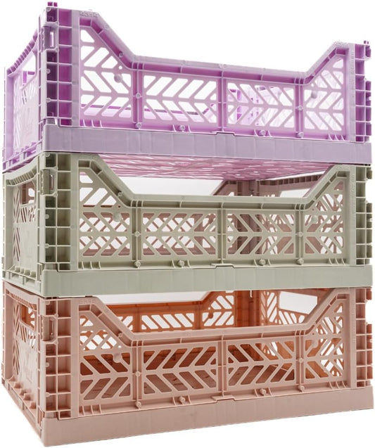 Collapsible Storage Box, Foldable Crate Organizer Bin with Handle, Stackable Crates for Home Organization (Lilac-LightGray-Peach, 14L - 3 Pack)