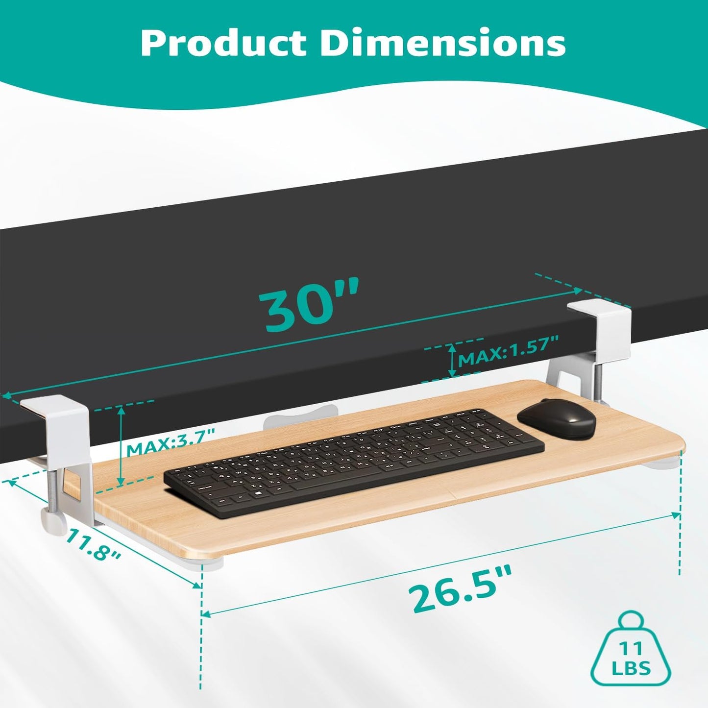 Desktop Keyboard Tray, Under Desk Pull Out, 25.6" X 11.8" Large Size Keyboard Tray with C-Clip Mount, Easy Installation, Computer Keyboard Stand, for Home Study and Office(Wood)