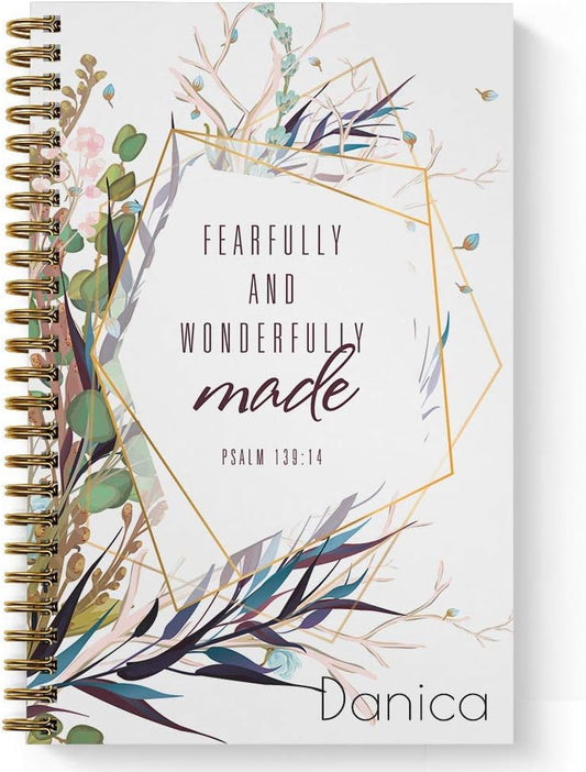 Gotcha Covered Notebooks Wonderfully Made Personalized Religious Notebook/Journal, Laminated Soft Cover, 120 pages of your selected paper, lay flat wire-o spiral. Size: 5.5” x 8.5”. Made in the USA