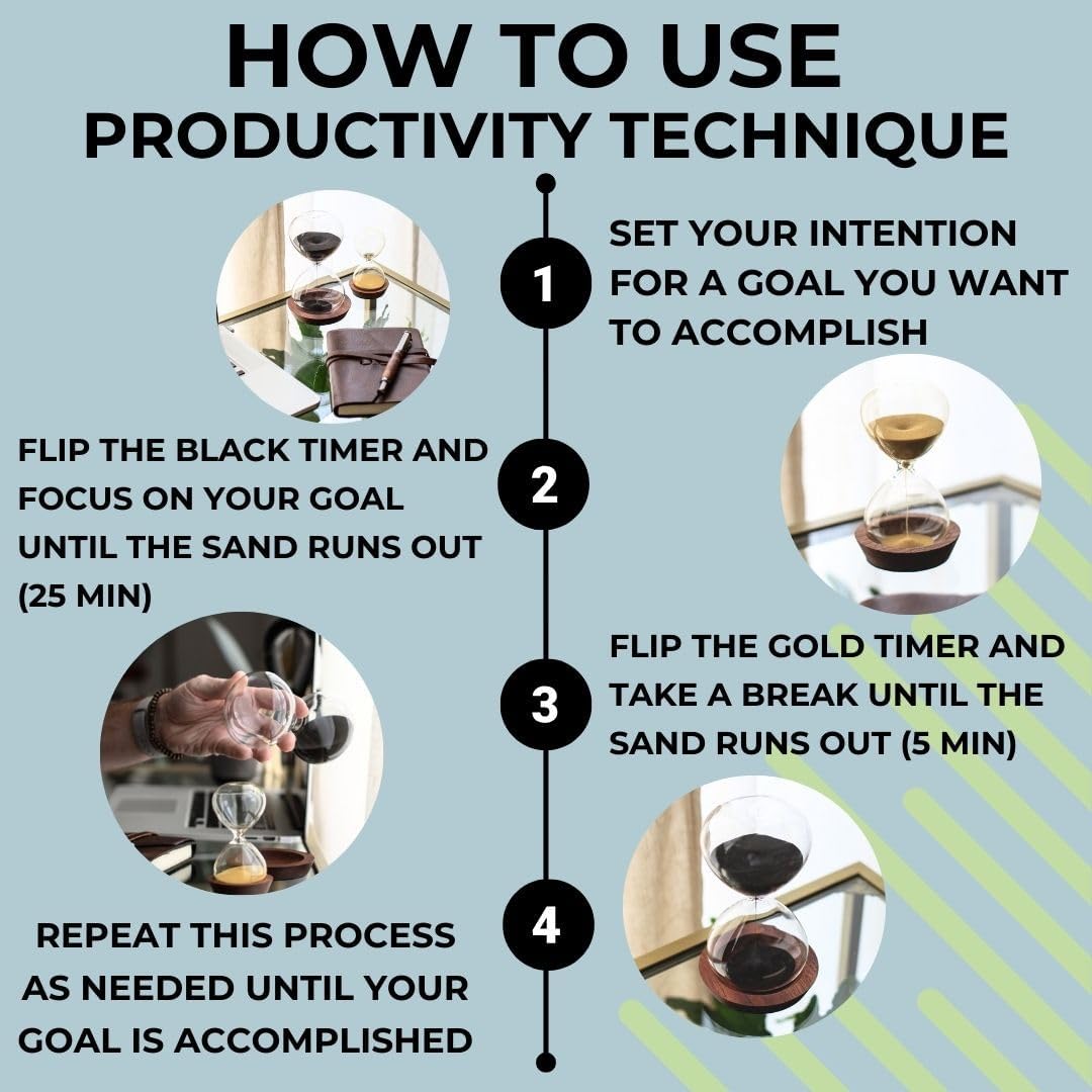 Decorative Hourglass Sand Timer Set - Includes 25 and 5 Minute Sandglass Pomodoro Timers with Wooden Bases - Time Management Productivity Tool - Gift for Home Office Desk