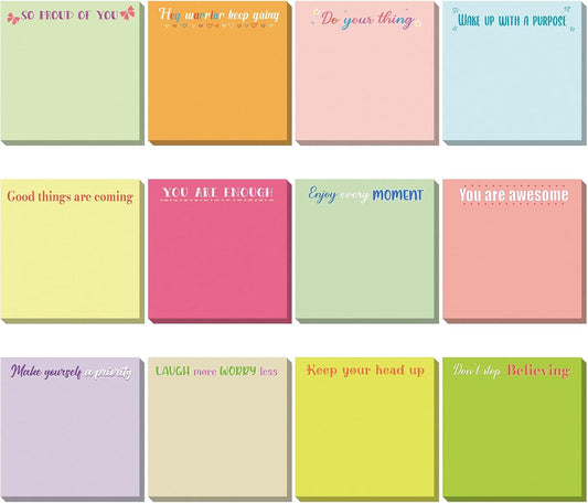 Zonon 12 Pieces Inspirational Sticky Notes 3 x 3 Inch Motivational Fun Notepads Positive Gifts for Teacher Nurse Coworkers Work Studying Supplies(Macaron Style)