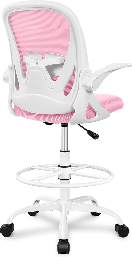 Primy Drafting Chair Tall Office Chair with Flip-up Armrests Executive Ergonomic Computer Standing Desk Chair with Lumbar Support and Adjustable Footrest Ring (Pink)