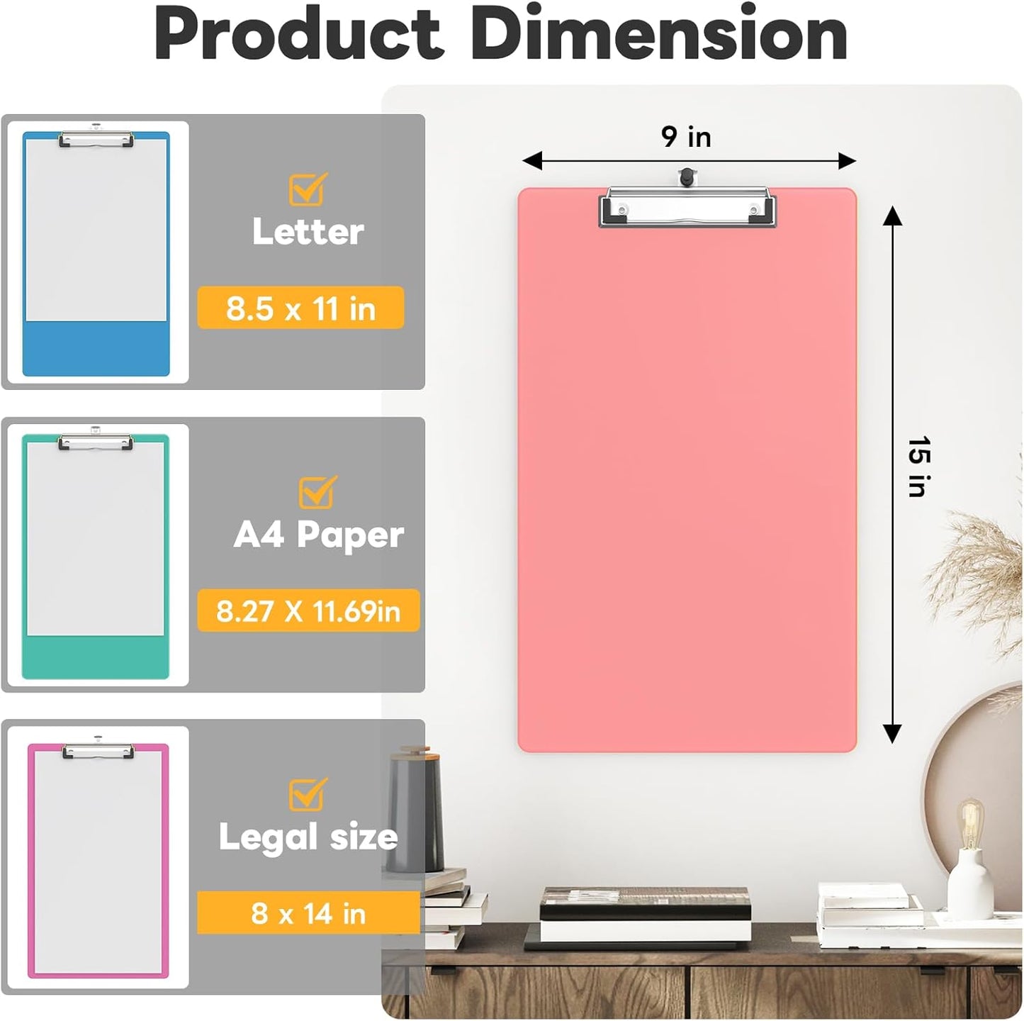 Legal Size Clipboard Set of 6, 8.5 x 14 Colored Plastic Long Clip Board with Low Profile Clip, 9 x 15 in, Suitable for Legal Lawers and Business, School & Office Supplies