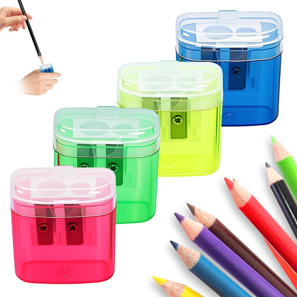Pencil Sharpeners with Lid, Dual Holes Handheld Pencil Sharpener Manual for Standard and Jumbo Pencils, Compact Cute Sharpener for Kids Adults Students School Home Office (4pcs)