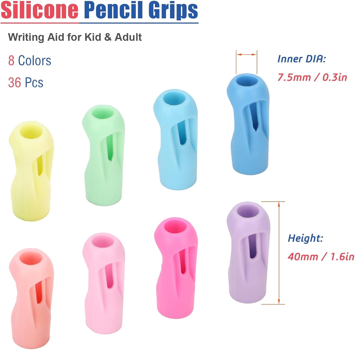 Ergonomic Pencil Grips 36 Packs with 8 Colors, Hollow Trigonal Pencil Holders for Kids Handwriting, Toddler Silicone Pencil Cushion Grippers, Gel Pen Grips for Adults Writing Aid