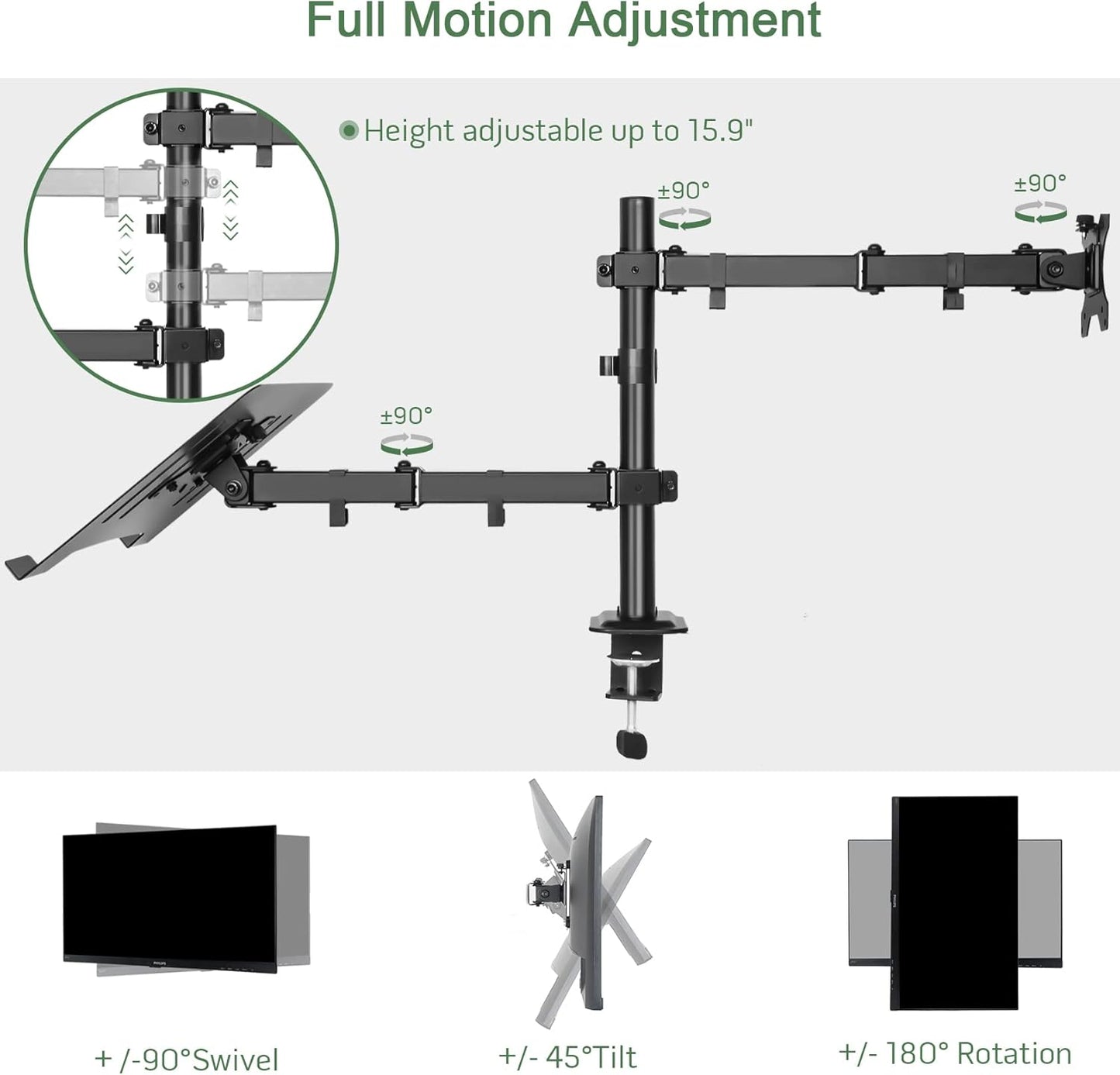 Monitor and Laptop Mount, Monitor Arm with Vented Tray for 13" to 27" LCD Computer Screens and Notebook up to 17 inch, Fully Adjustable Laptop Mount Stand Holds up to 17.6lbs