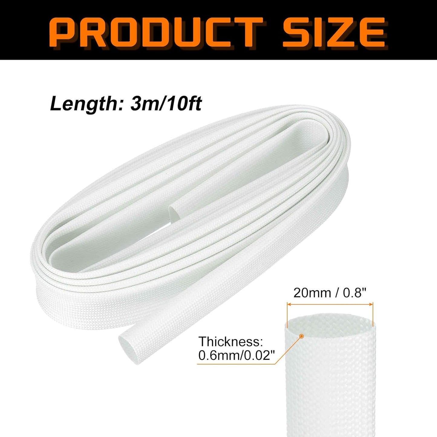 MECCANIXITY 10ft Braided Cable Sleeve, 0.8" ID 200C High Temperature 1500V Fiberglass Wire Insulation Cord Protector Organizer Wires Management for Motor Engine Fuel Line, White