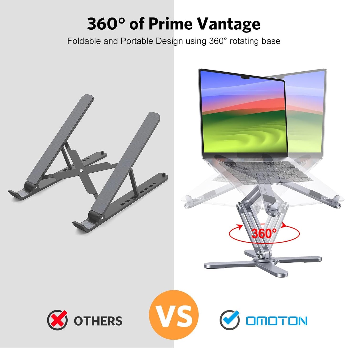OMOTON 360° Rotating Laptop Stand Riser for Desk, Ergonomic Foldable Computer Stand Adjustable Height Angles for Collaborative Work, Easy Storage Fit Macbooks,All Laptops up to 16 inches, Space Grey