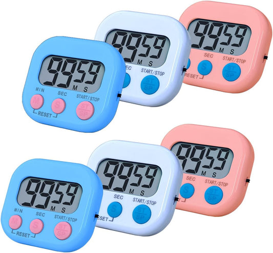 Digital Kitchen Timer, BESTWYA Electronic Timer with Clear LCD Screen Count Up and Down Function 3 Big Buttons On/Off Switch Button for Kitchen, Study, Work, Exercise Training (6, 3 Colors)