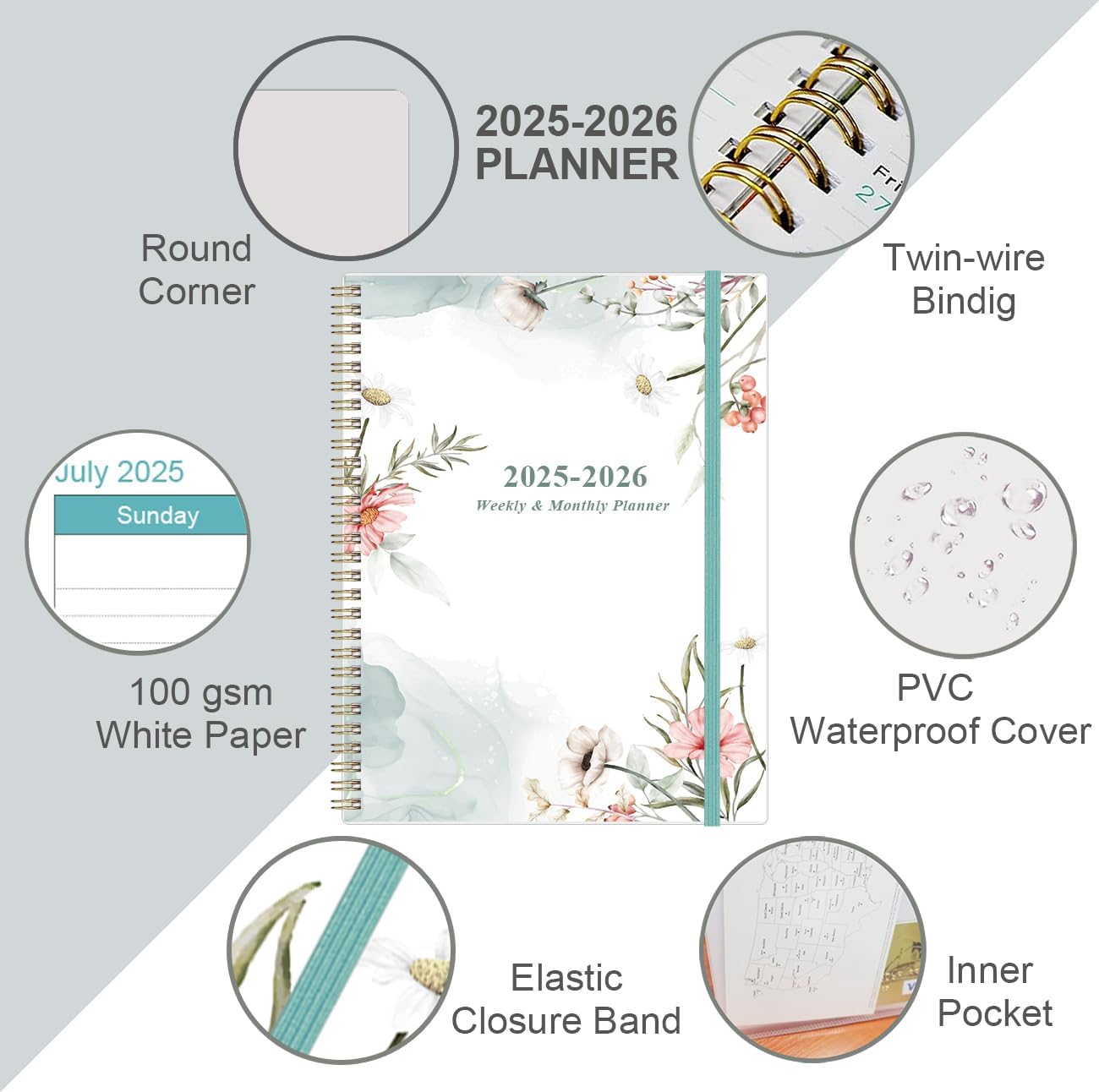 Planner 2025-2026 - 8.5" x 11" Weekly Monthly Planners from July 2025 to June 2026, Acacemic Year Planner with 12 Monthly Tabs, Inner Pocket, Elastic Closure, Pink Flower