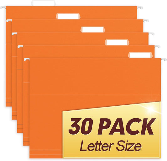 HERKKA Hanging File Folders, 30 Pack Reinforced Letter Size Hanging Folders, Designed for Bulky Files, Filing Cabinet, 1/5-Cut Adjustable Tabs (Orange)