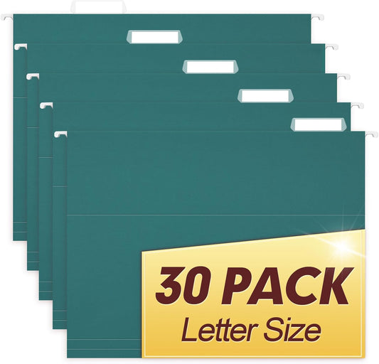 HERKKA Hanging File Folders, 30 Pack Reinforced Letter Size Hanging Folders, Designed for Bulky Files, Filing Cabinet, 1/5-Cut Adjustable Tabs (Teal)