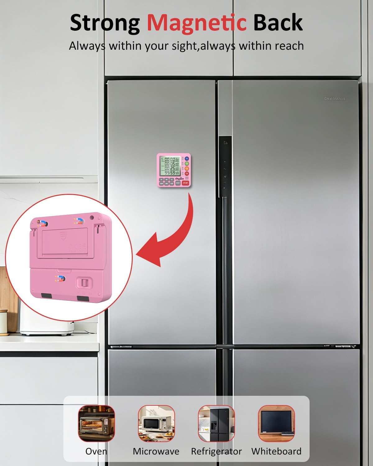 Digital Kitchen Timer for Cooking - 4 Channel Count Up Countdown Timer with Loud Alarm and Silent Mode, Large Display, Magnetic Back, Auto Memory for Classroom Study Gym, Battery Included (Pink)