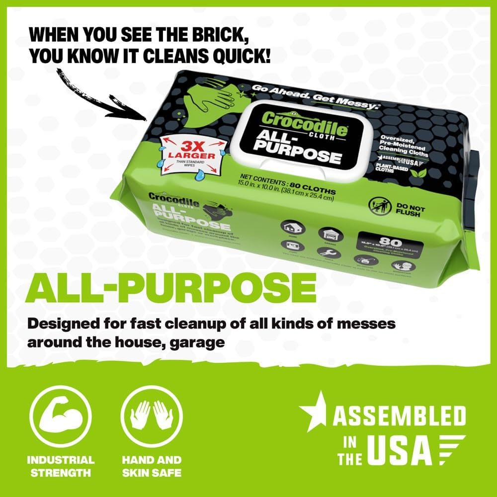 Crocodile Cloth All-Purpose Cleaning Wipes – 8 Pack/640 Total Count, 15"x10" Extra Large Plant-Based Disposable Cloths – Moist, Absorbent, Safe on Skin, Multi-Surface Use