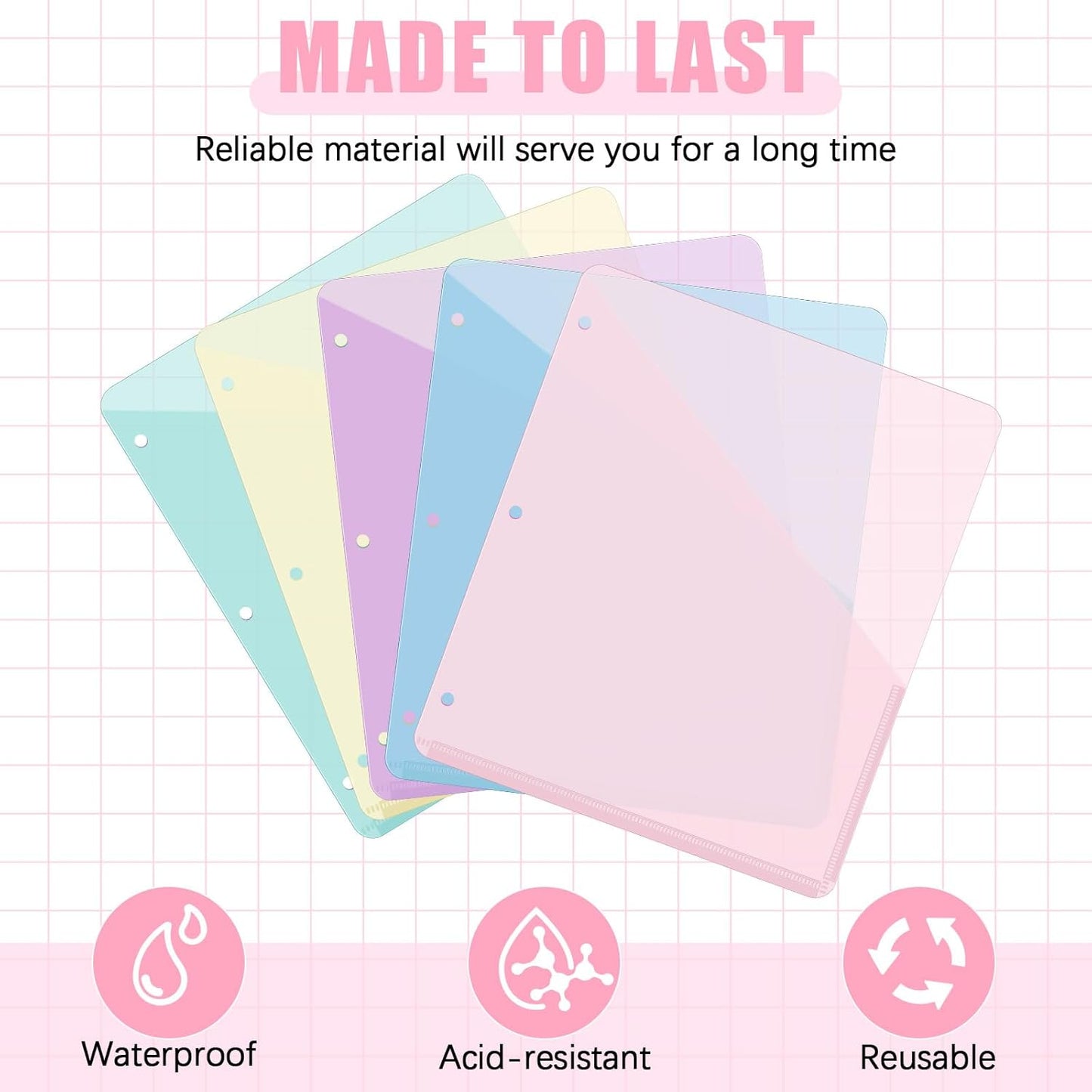 Maitys 50 Pack Binder Pockets 3 Hole Punch Clear Plastic Document Folders Binder Organizer Store Letter Size 8.5x11 Inch Paper Folders with Pockets Slash File Jacket for Office (Macaron Color)