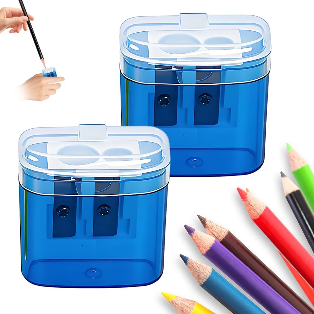 Pencil Sharpeners with Lid, Dual Holes Handheld Pencil Sharpener Manual for Standard and Jumbo Pencils, Compact Cute Sharpener for Kids Adults Students School Home Office (2*Blue)