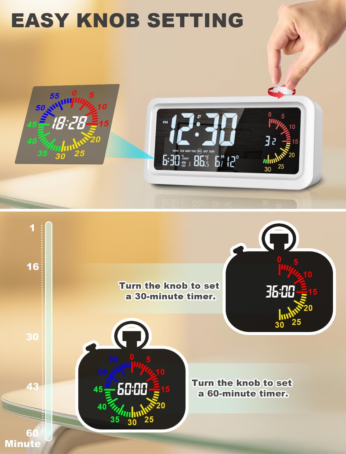 CCHKFEI Rechargeable Digital Alarm Clock with 60-Minute Desk Timer, Dual LCD Display Visual Timer for Kids, Temperature & Date - Ideal for Time Management Tools Classroom, Bedroom, Office and Home