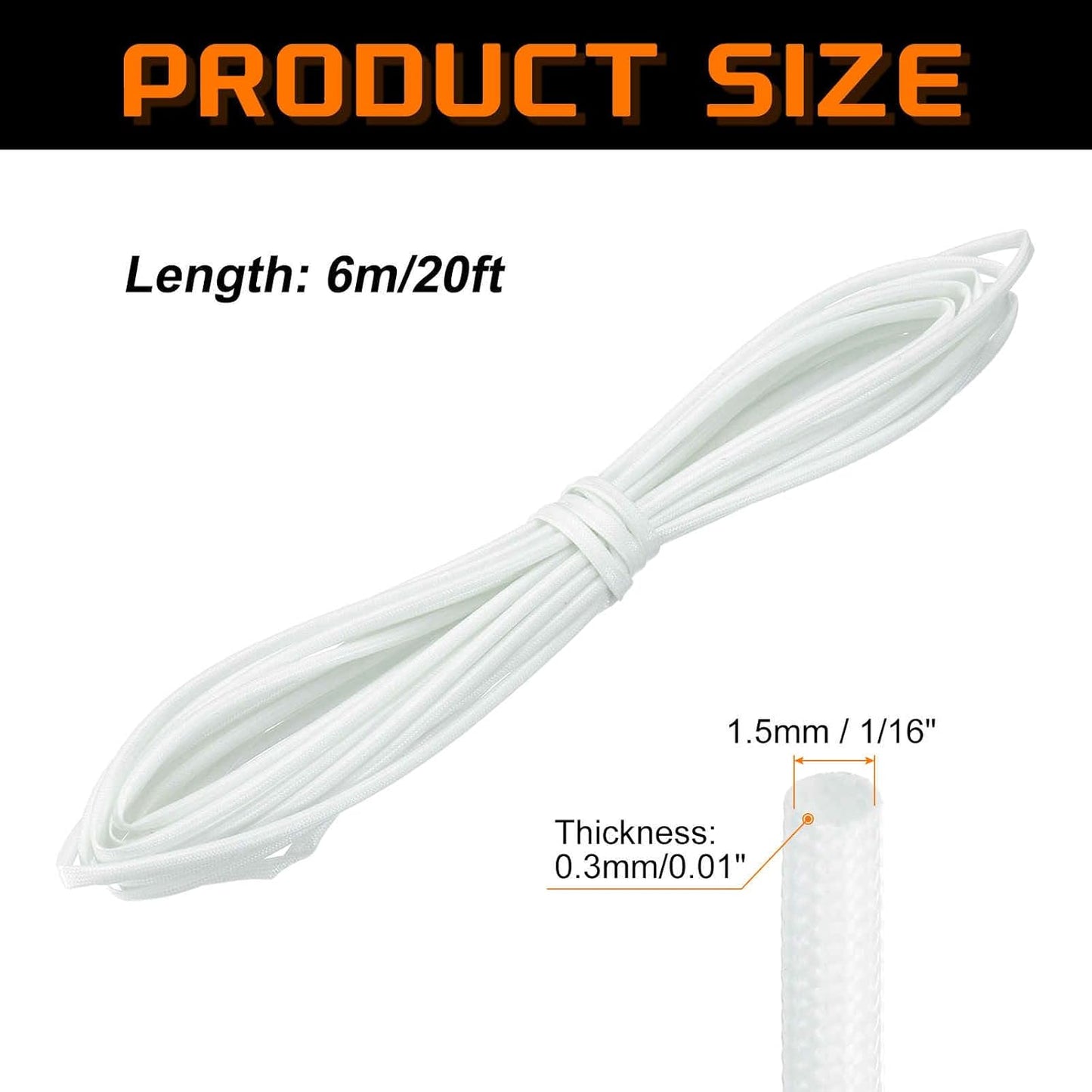 MECCANIXITY 20ft Braided Cable Sleeve, 1/16" ID 200C High Temperature 1500V Fiberglass Wire Insulation Cord Protector Organizer Wires Management for Motor Engine Fuel Line, White