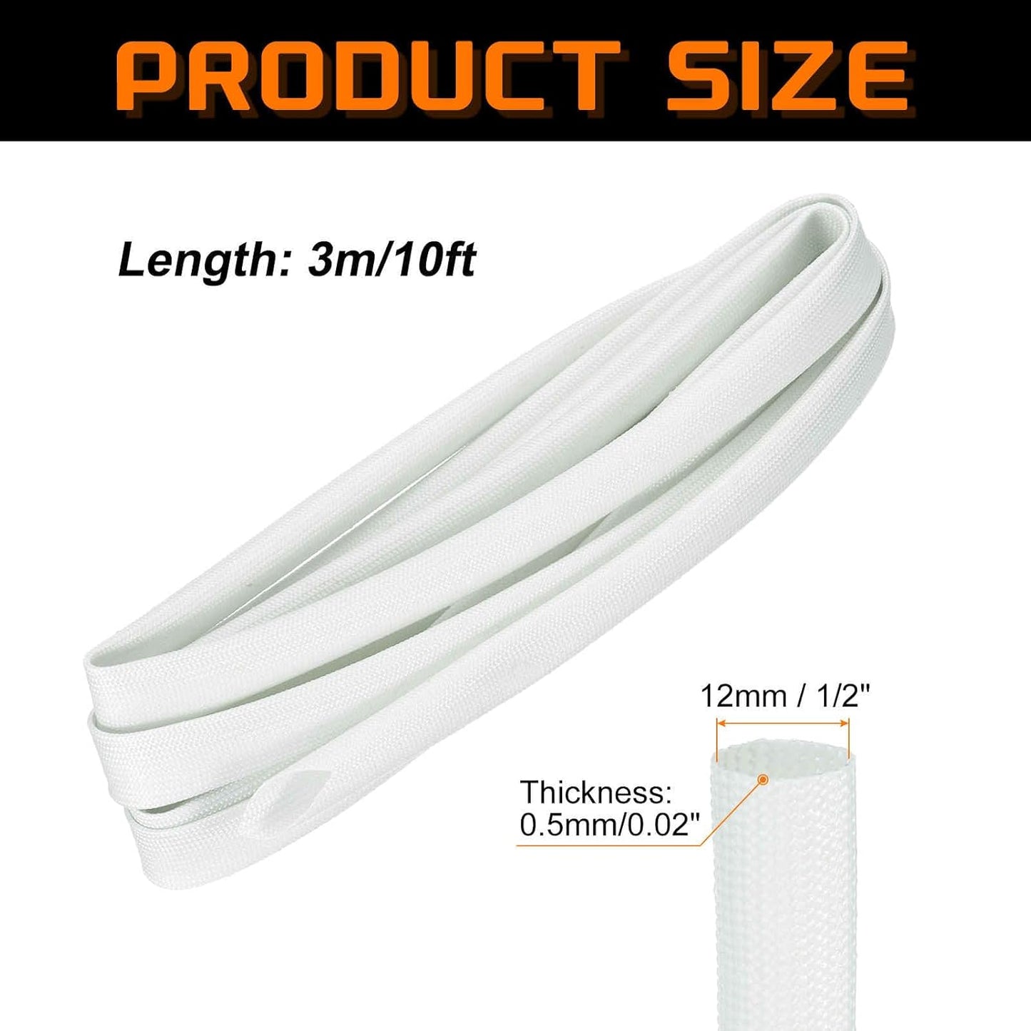 MECCANIXITY 10ft Braided Cable Sleeve, 1/2" ID 200C High Temperature 1500V Fiberglass Wire Insulation Cord Protector Organizer Wires Management for Motor Engine Fuel Line, White