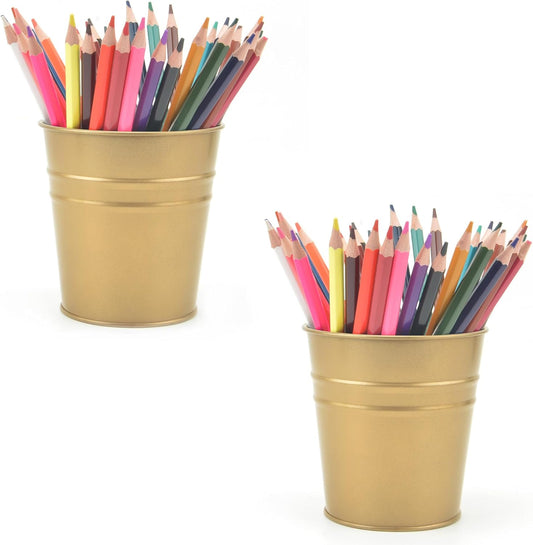 Pen Holder Cup For Desk Pencil Holder Metal Marker Pen Organizer Storage Small Tinplate Flower Pot Succulent Bucket Planters for Office Home - 2 Pack (Gold)