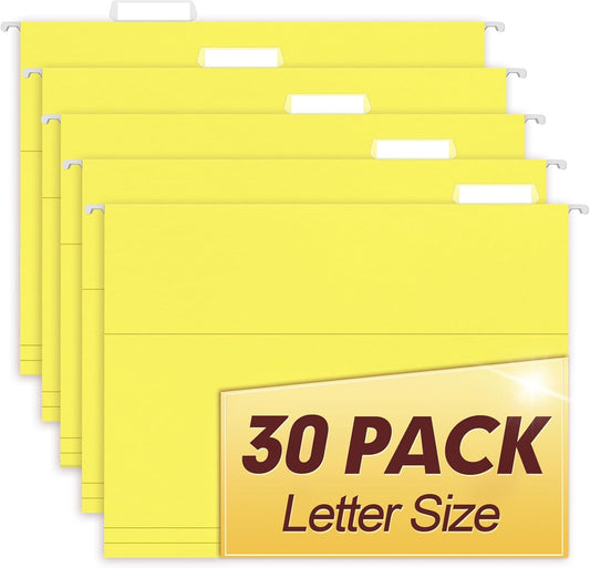 HERKKA Hanging File Folders, 30 Pack Reinforced Letter Size Hanging Folders, Designed for Bulky Files, Filing Cabinet, 1/5-Cut Adjustable Tabs (Yellow)