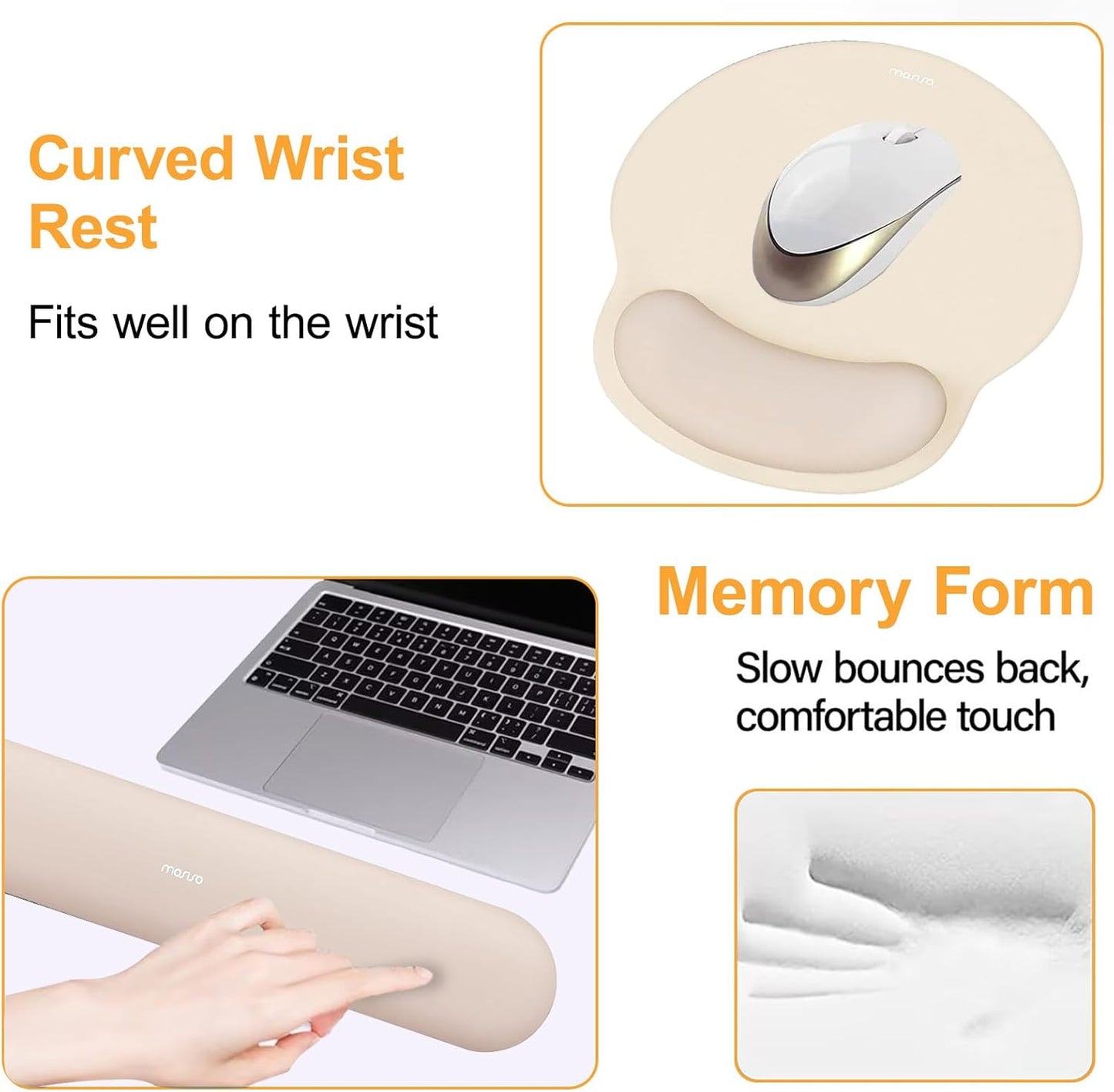 MOSISO Wrist Rest Support for Mouse Pad&Keyboard Set, Circle Curved Ergonomic Mousepad&Coaster Non-Slip Base Home/Office Pain Relief&Easy Typing Pad with Soft Cloth&Silicone Lining, Apricot