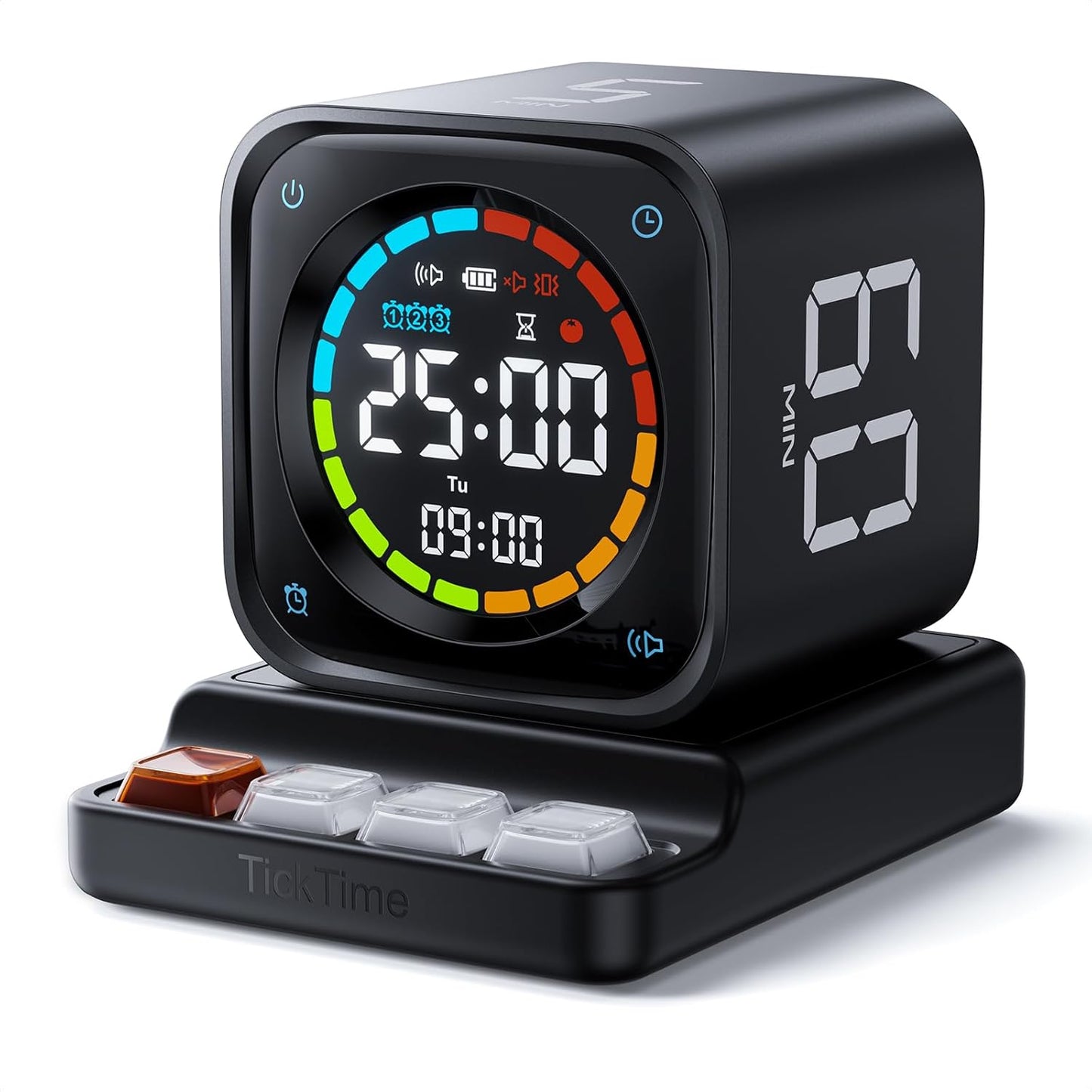 TK3 Pomodoro Timer Cube, Desk Productivity Timer with 5/10/30/60 Min Presets, Custom Countdown, Stopwatch, Clock, 3 Alarm, Silent, Vibrate & Sound Mode, for Task, ADHD, Study, Kitchen (Obsidian Black)