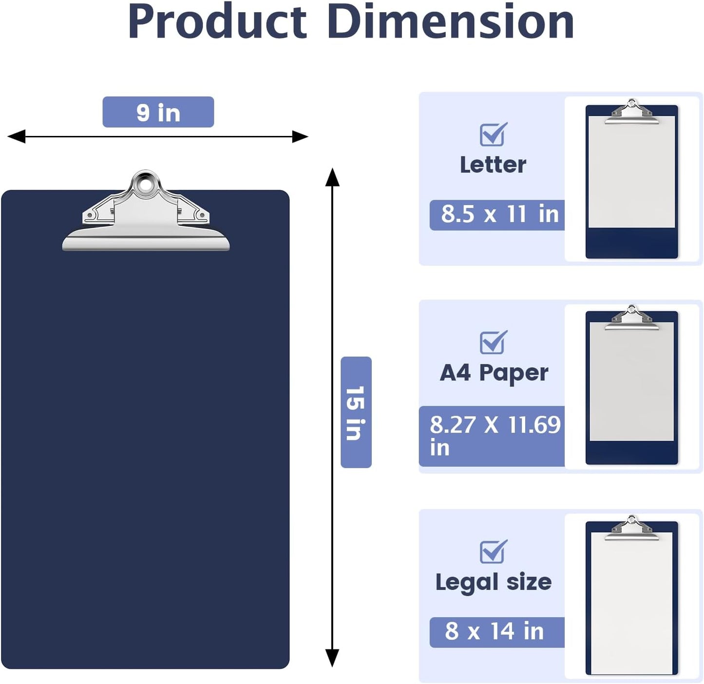 Legal Size Clipboard, Blue Plastic 8.5 x 14 Clip Board for Lawers, Heavy Duty Butterfly Clip, 9 x 15 in, Office & School Supply(Pack of 10)