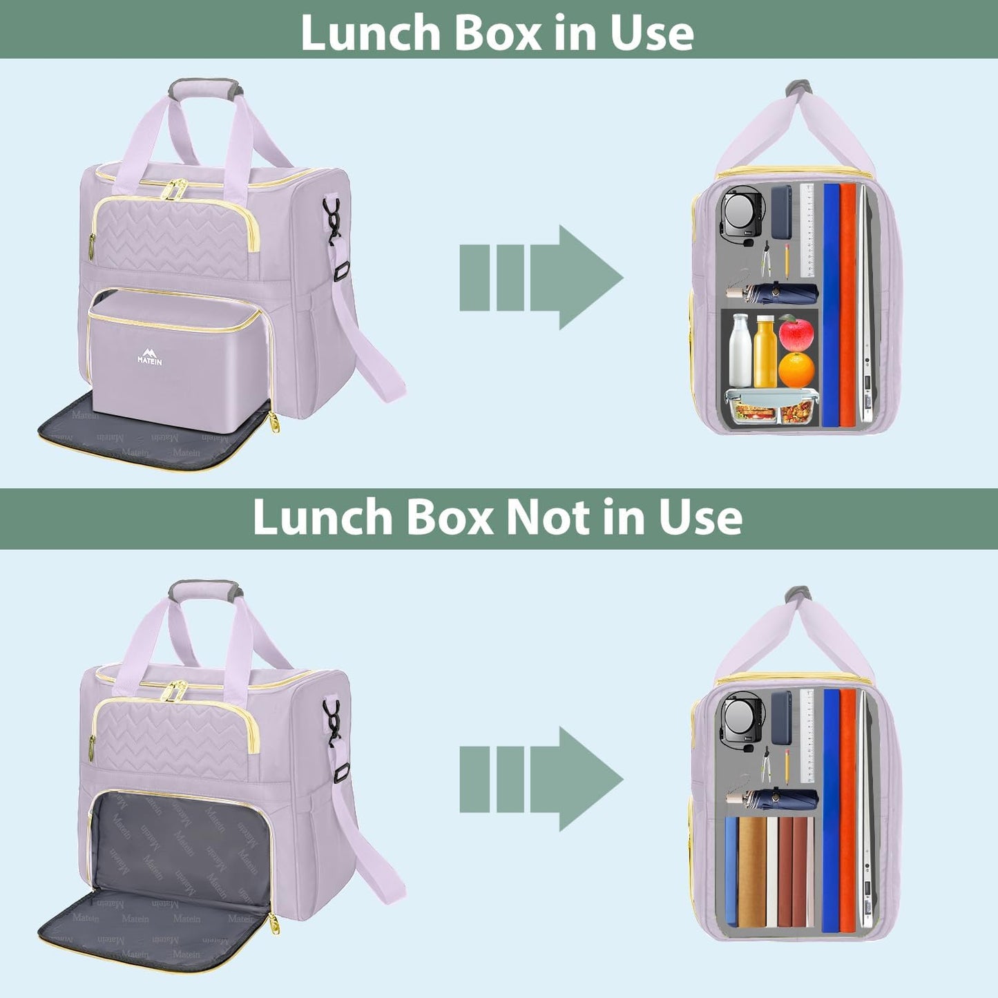 MATEIN Rolling Briefcase for Women, Rolling Work Bag with Wheels & Detachable Cart Fit 15.6 Inch Laptop, Roller Laptop Tote Bag with Insulated Lunch Box for Teacher Commute Office Work College, Purple